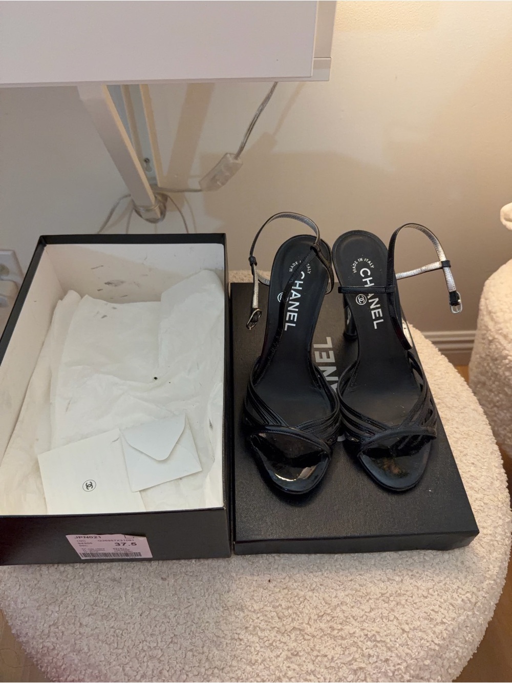 CHANEL Black Patent Leather Strappy Slingback Heels